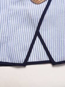 SHEIN Bộ đồ 2 món cho bé gái tuổi teen mùa hè, thanh lịch, thường ngày đi làm, gồm áo crop top tay ngắn cài kim loại và quần ống rộng cạp cao. - Màu xanh lam - Xem 4