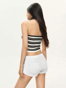 Rina Fox Quần short denim nữ có khoen kim loại, thích hợp cho mùa hè. - trắng - Xem 3