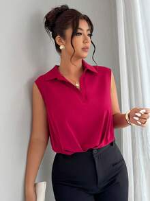 Elenzga Plus Size Women's Elegant Sleeveless Collared Pleated Bodysuit, Spring/Summer - Burgundy - View 4