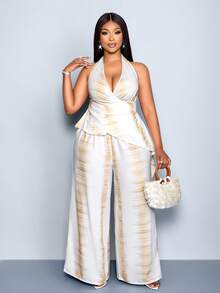 SOLERSUN Plus-Size Women's Summer Tie Dye Tropical Two Pieces Set,Halter Neck Camisole & Loose Wide-Leg Trousers,Holiday Tea Party Asymmetrical Hem Outfits - Apricot - View 7
