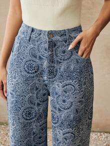 Anewsta Pantalones vaqueros de estilo de vacaciones de tela jacquard para mujer en color azul - Azul - Ver 3