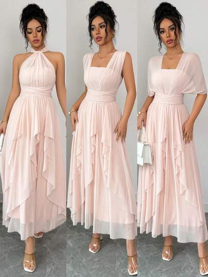 SHEIN Raffinéa 时尚派对礼服，浪漫荷叶边下摆多穿式长裙，粉色