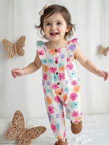 SHEIN Pelele sin mangas con cuello cuadrado, volantes y estampado floral para bebés y niñas pequeñas, adecuado para salidas de primavera/verano, vacaciones y uso diario - Multicolor - Ver 3