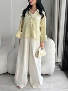 Modelyn Plus Size Women Solid Color Casual Versatile Daily Wear Shirt - Pale Yellow - View 3