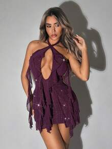 SHEIN ICON Vestido mini de fiesta de cita de moda con cuello de volantes de unicolor para mujer - Morado - Ver 4