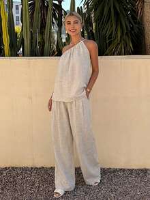 Livesso Bộ đồ thời trang xuân hè gồm áo crop top cổ lệch màu mơ và quần ống rộng suông, thích hợp cho công sở, đi nghỉ mát hoặc đi làm, thanh lịch dành cho nữ. - Màu be - Xem 5