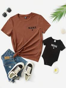 SHEIN Áo thun bầu in chữ kiểu dáng thường ngày, thích hợp cho mùa hè. - màu nâu - Xem 2