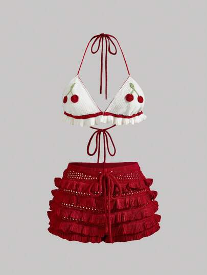 ROMWE Kawaii Bộ váy ngắn hai mảnh đan móc họa tiết quả anh đào xếp lớp, kiểu yếm, thích hợp cho kỳ nghỉ.