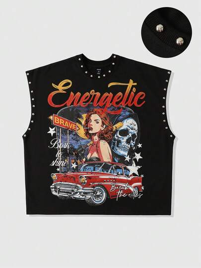 ROMWE MEN Street Life Men's Printed Rivet Loose Tank Top