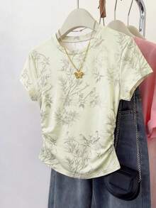 Resyla 2026 女士夏季短袖圆领T恤 - 修身版型，传统中式扎染水墨数码印花，侧边荷叶边设计 - 柔软弹力面料，休闲日常穿着 - 彩色 - 查看 1