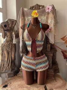 Amplova 2 pezzi Completo corto boho con tessuto strutturato e accenti in pietra, novità 2026 per donne - Multicolore - Visualizzare 4