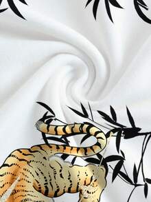 ROMWE Avant Sexy Dark Chinese Calligraphy Tiger & Bamboo Punk Street Oblique Shoulder Graphic Print Women T-Shirt - White - View 4