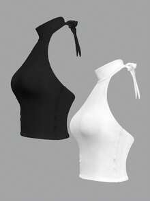 SHEIN PETITE 2 Pieces Black And White Color Backless Sleeveless Top, Elevated Elegance Top,Prom Top,Rave TopFestival,Streetwear,Women Birthday Top,Concert Top,Club Top,Date Night Top,Music Festival Top,High Neck Tops For Women,Body Tops For Ladies - Multicolor - View 4