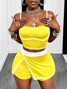 Mistrie Women's Contrast Color Camisole And Shorts Sports Suit - Light Yellow - View 8