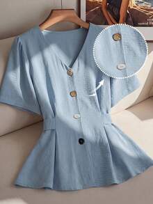 Franclia Plus Size Women V-Neck Single-Breasted Pleated Short Sleeve Blouse,Light Blue Summer Smart Casual Everyday Business Office Classy Button Up Tops - Baby Blue - View 1