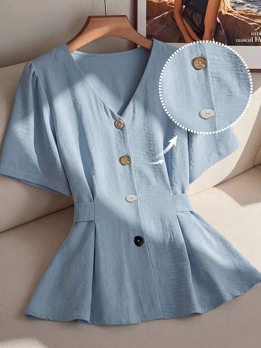 Franclia Plus Size Women V-Neck Single-Breasted Pleated Short Sleeve Blouse,Light Blue Summer Smart Casual Everyday Business Office Classy Button Up Tops - Baby Blue - View 1