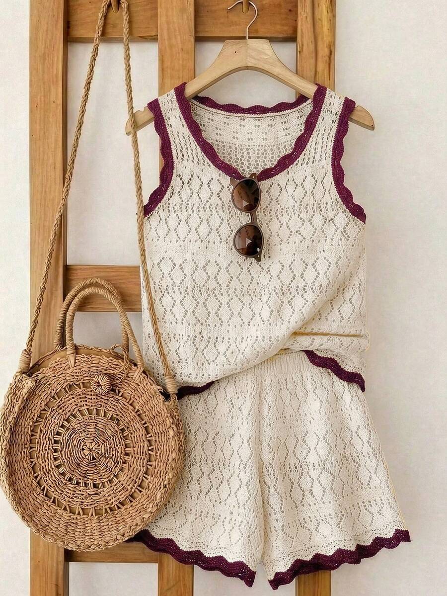 SHEIN Franclia 新款简约夏日度假风优雅镂空波浪领性感吊带修身连衣裙，撞色针织背心无袖毛衣两件套，春夏款 - 中紫紅色 - 查看 1