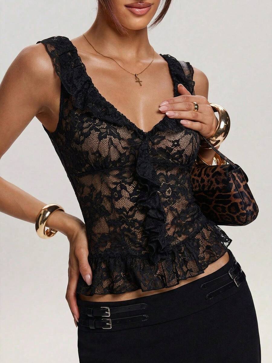 SHEIN BAE 女士优雅性感透视蕾丝无袖上衣,夏季 - 黑色 - 查看 1