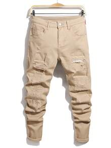 Manfinity Homme Plus Size Men's Casual Everyday Wear Distressed Pocket Button Design Denim Jeans - Apricot - View 1