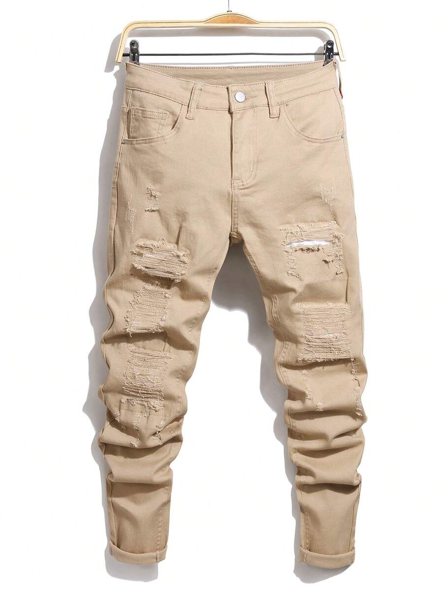Manfinity Homme Plus Size Men's Casual Everyday Wear Distressed Pocket Button Design Denim Jeans - Apricot - View 1