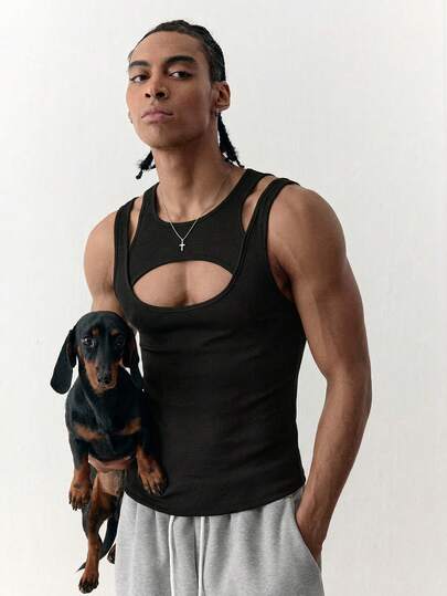 SWAVVY Men's Asymmetrical Hollow-Out Tank Top, Fashionable