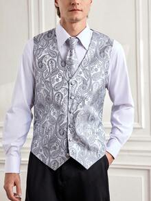 Officeau 男士提花背心、领带、袖扣、手帕四件套（不含衬衫） - 灰色 - 查看 5