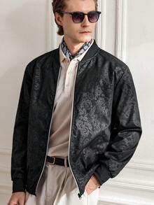 1pc Men's Classic Baseball Jacket With Zipper Closure, Ribbed Collar/Cuffs/Hem, Suitable For Various Body Types, Fabric With Subtle Vintage Patterning On Black Background - Black - View 8