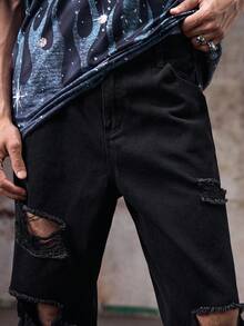 Skyrend 男士純棉撕裂直筒牛仔褲，長版磨邊牛仔褲，帶有黑色實心卸貨口袋，適合度假街頭穿著，與朋友們共享 - 黑色 - 查看 6