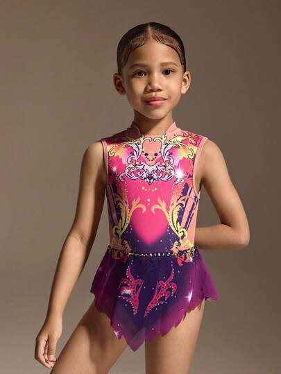 Young Girls' Rose Red Floral Print Gymnastics Leotard – High-Stretch Back-Cutout Bodysuit, Soft Breathable Fabric For Yoga Practice & Athletic Performance