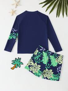 SHEIN Đồ bơi cho bé trai tuổi teen, bộ tankini dài tay in họa tiết lá cọ màu xanh dương, kiểu dáng thời trang, giản dị nhưng thanh lịch, phù hợp cho bơi lội, kỳ nghỉ hè, bãi biển, hồ bơi và các bữa tiệc ngày lễ. - Màu xanh lam - Xem 2