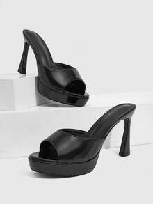 CUCCOO SZL 女士高跟鞋，漆皮亮面厚底凉鞋，鱼嘴式露趾凉鞋，性感派对约会拖鞋 - 黑色 - 查看 1