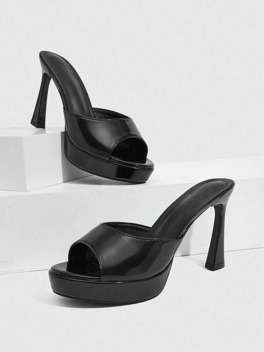 CUCCOO SZL 女士高跟鞋，漆皮亮面厚底凉鞋，鱼嘴式露趾凉鞋，性感派对约会拖鞋 - 黑色 - 查看 1