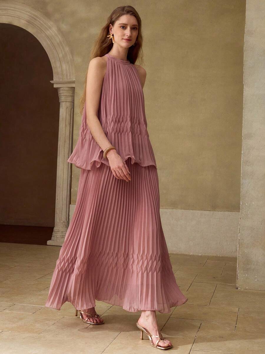 PREMIUM ROMANTIC PLEATED SLEEVELESS DRESS FOR DATES, SPRING/SUMMER - Pink - View 1