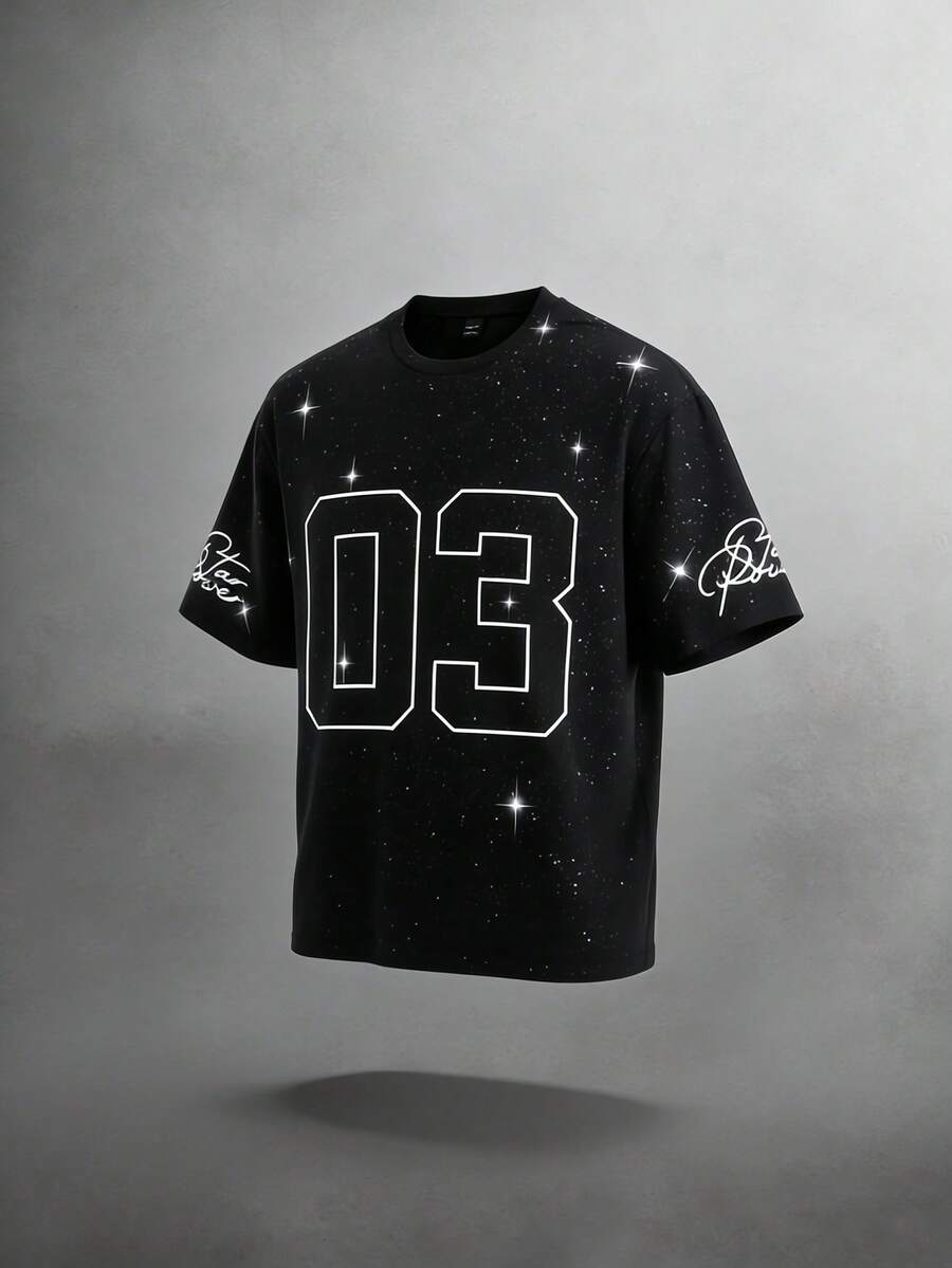 Manfinity Hypemode Men's Round Neck Numeric Print Casual Versatile Daily Wear Short Sleeve T-Shirt Number Jersey Number Shirt - Black - View 1