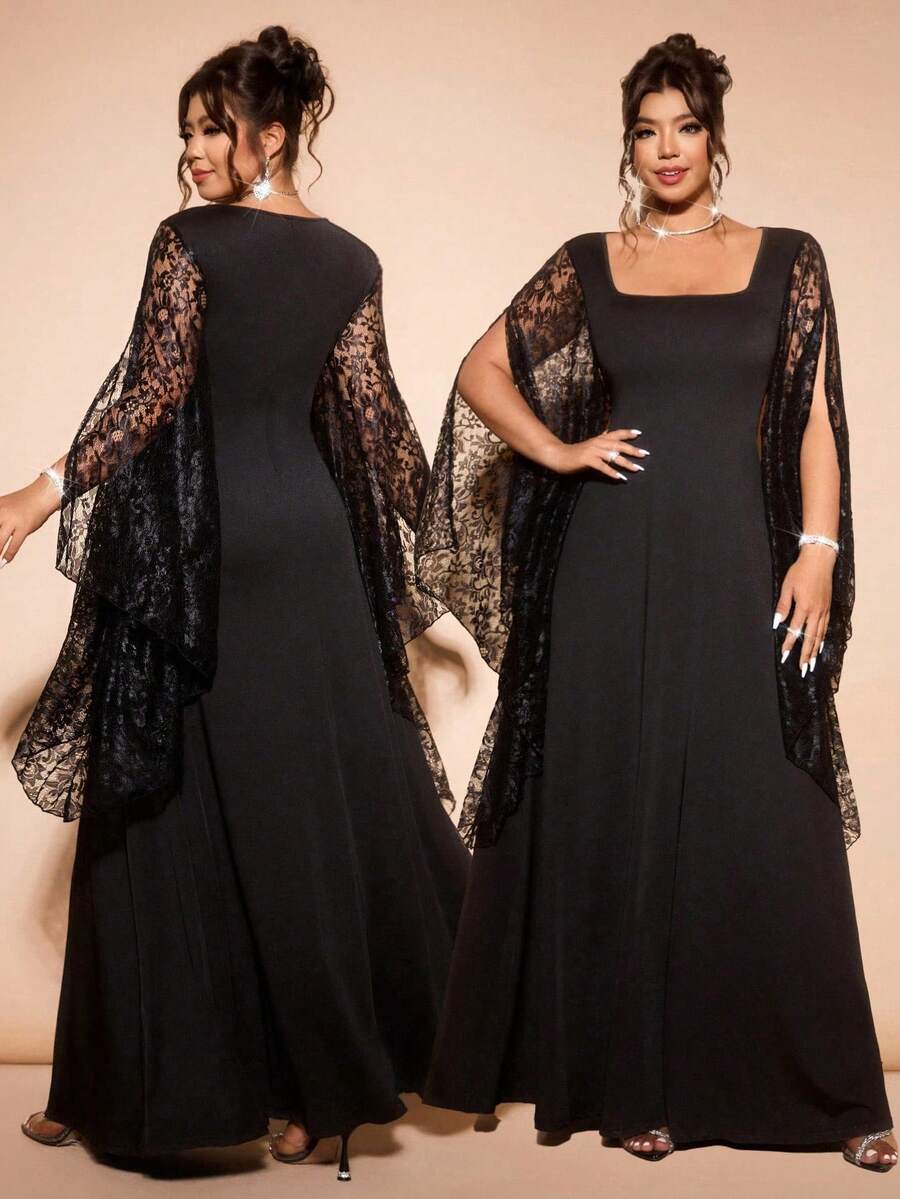 Cravure 加大码女式欧美风方领蕾丝拼接喇叭袖收腰长裙,优雅黑色蕾丝袖加大码晚礼服,黑色蕾丝长袖方领加大码连衣裙,适合鸡尾酒会、圣诞派对、新年派对或感恩节晚宴等正式场合,蕾丝袖增添精致感,搭配披肩,加大码蕾丝长袍,加大码晚礼服,女士正式服装,加大码黑色连衣裙,派对礼服,女士特殊场合 - 黑色 - 查看 1