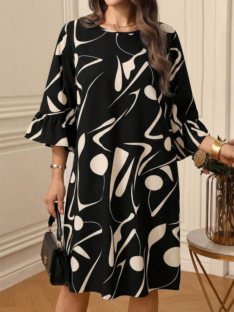 Plus Size Women's Summer Casual Vacation Black Geometric Print Round Neck 3/4 Sleeve Dress, Spring/Summer,Summer Holiday,Vacation Outfits Women ,Holiday Outfits For Women,Going Out Outfits,2026 New Clothes,Simple And Fashionable For Everyday Wear,Suitable For Summer, Vacation, Commute, Daily Wear, Print Dresses For Women, Elegant Dress