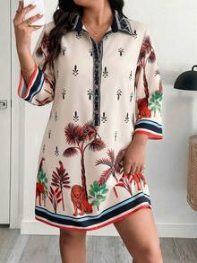 EMERY ROSE Đầm dài ngang gối tay lửng cổ bẻ họa tiết động vật và thực vật dành cho nữ cỡ lớn mùa xuân/hè, kiểu dáng thường ngày. - Nhiều màu - Xem 5