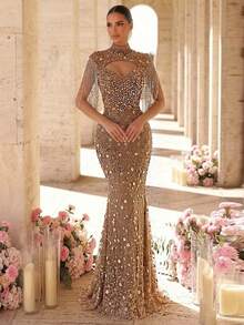 Glamrae Chân váy đuôi cá bằng vải lưới thêu đính sequin và tua rua sang trọng, thanh lịch, thích hợp cho đám cưới, tiệc tùng, ngày lễ, sự kiện trang trọng (trang trí cầu kỳ). - màu nâu - Xem 5