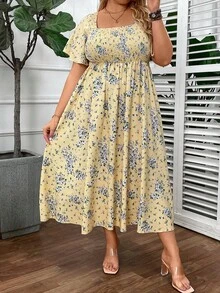 SHEIN CURVE+ 大码女式碎花荷叶袖连衣裙，度假风 - 黃色 - 查看 3