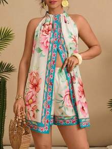 Travachic Bộ jumpsuit cỡ lớn cổ yếm xẻ tà, họa tiết nhiệt đới, hở vai, dáng rộng thanh lịch, thích hợp mặc hàng ngày và đi nghỉ mát, mùa xuân/hè, họa tiết đối xứng. - Nhiều màu - Xem 2