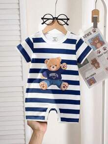 3-24M Baby Boys' Bear Print Round Neck Short Sleeve Snap Crotch Romper,Blue And White Stripe,Summer,Casual,Family Matching Soft Comfortable Fabric - White - View 3