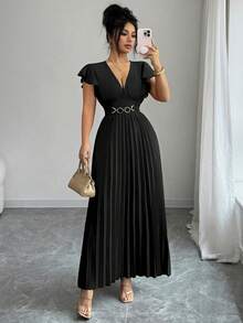 Elenzga 新款V领荷叶袖梭织纯色金属装饰纽扣褶裥设计优雅年轻派对假日晚宴鸡尾酒会女士长裙 - 黑色 - 查看 7