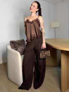 Abrilcols Women's Solid Color Minimalist Lace Patchwork Camisole Top, Everyday Wear - Coffee Brown - View 1