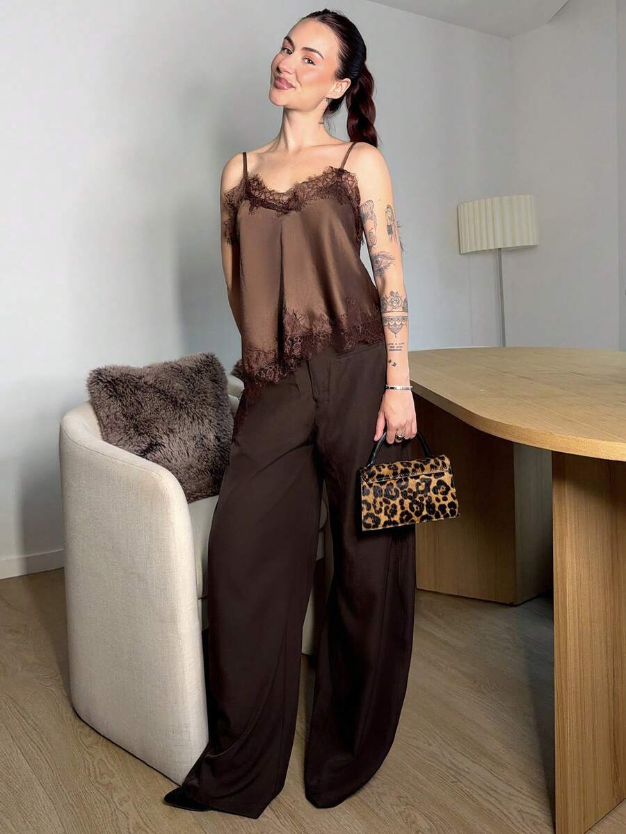 Abrilcols Women's Solid Color Minimalist Lace Patchwork Camisole Top, Everyday Wear - Coffee Brown - View 1