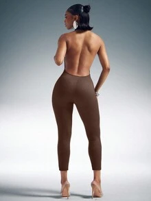Denimoi Mono capri de cuello alto y espalda baja de punto elástico, monos sexys, pantalones capri de moda - Marrón - Ver 2