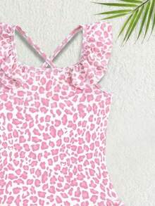 Baby Girls' Pink Leopard Print Ruffled One-Piece Swimsuit,Summer Holiday Quick Drying Cross Strap Bathing Suit For Beach Vacation,Water Park Outfit - Pink - View 3