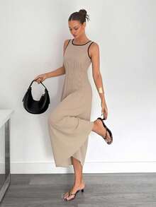 Siren Gaze Đầm dài dáng chữ A xếp ly eo mùa hè mới, giúp thon gọn vóc dáng cho phụ nữ. - Màu be - Xem 7