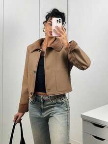 SHEIN EZwear 1 件纯色 PU 复合羊毛长袖前扣口袋夹克 - 咖啡棕 - 查看 4