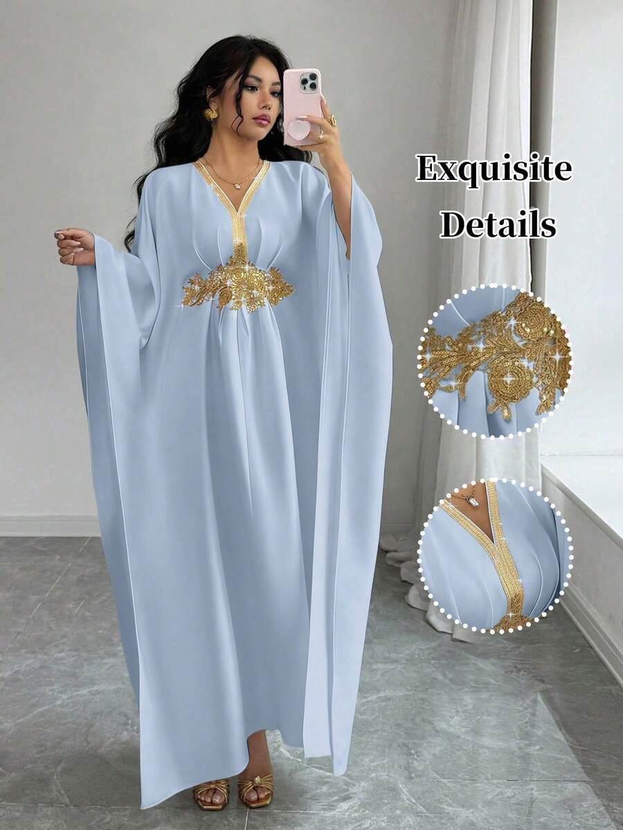 SHEIN Elenzya 金色滚边装饰优雅收腰修身舒适中长连衣裙,女士款 - 藍色 - 查看 1