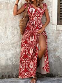 Balvessa Women's V-Neck Waist Cinched A-Line Long Dress, Floral Print On Red Background - Red - View 4